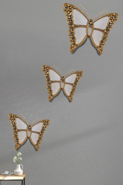 3D AKSESUAR DÜNYASI Üçlü Aynalı Kelebek Duvar Süsü Beyaz