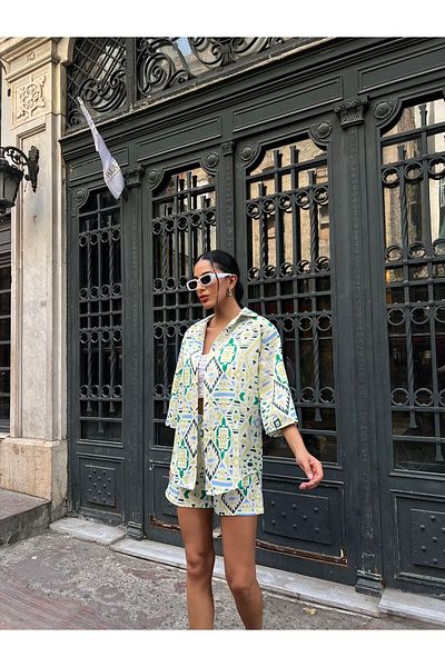 YAKAMOZ34BUTİK Ethnic Pattern Linen Double Suit with Shorts