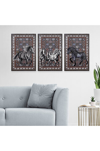 Marktna ثلاث لوحات خشبية ام دي اف بتصميم حصان بمقاس اجمالي 120x60