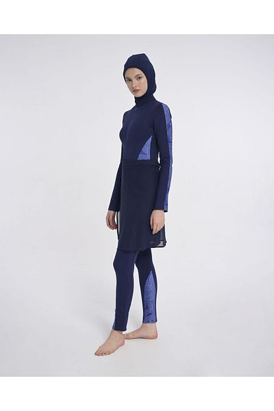 Monolou 4 Piece Full Hijab Swimsuit Set with Slimming Print Detail at the Waist Polyamide Fabric - Navy Blue