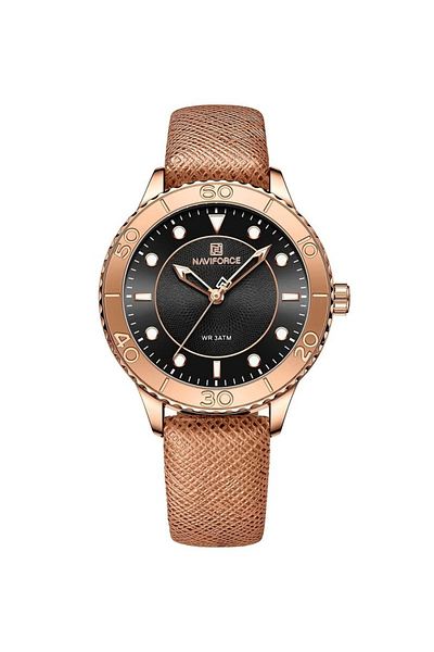 Naviforce Women's Elegant Quartz Watch – 36mm Textured Dial, Rotating Bezel, Leather Strap, Water Resistant