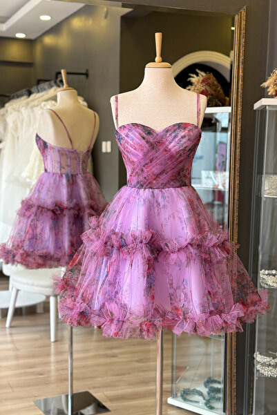 Lenta Moda Lila Fırfır Detaylı Mini Abiye ve Parti Elbisesi
