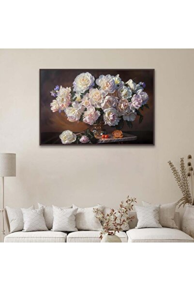 SND لوحة قماشية بتصميم ورود مع برواز بني مجوف