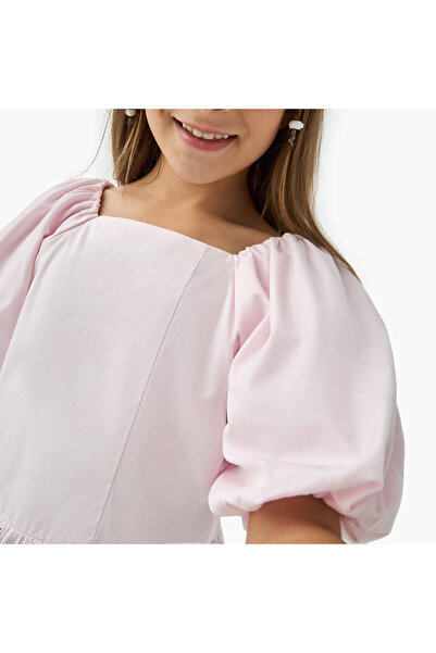 Juniors Schiffili Textured Peplum Top with Square Neck and Short Puff Sleeves