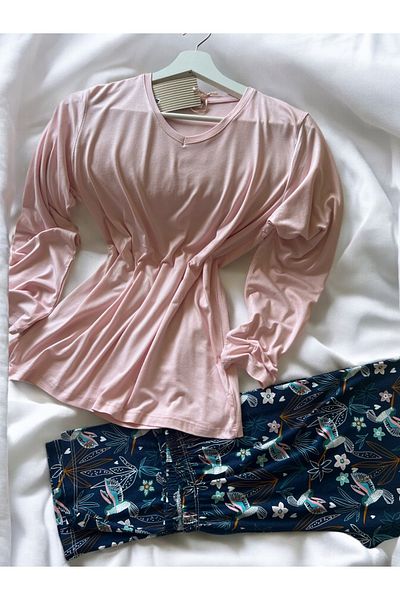ÇağrıHome Women's 100% Cotton Luxury Viscose Fabric Pink Six Flower Pattern Long Sleeve Thin Winter Pajamas Set