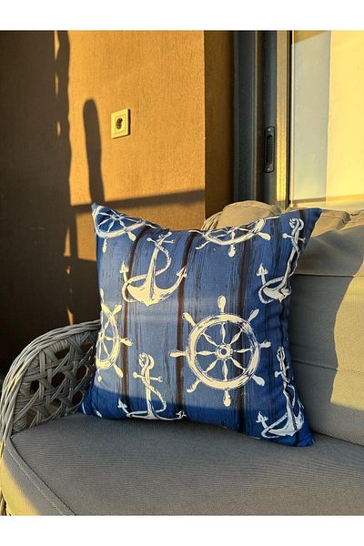 Karam Home 43X43 cm Navy Blue Color Anchor Patterned Throw Pillow Case