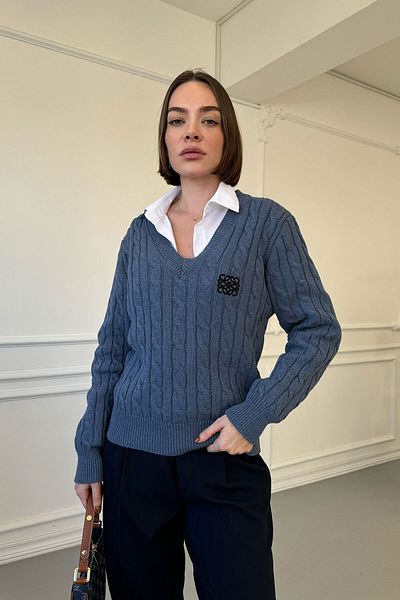 MAGARDE Pulover Brodat Original ALBASTRU cu decolteu in V
