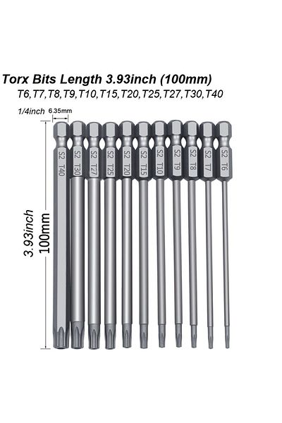 Choice 11pcs 100mm Torx Bit Torx Screwdriver Flat Head Tamper Proof Security Drill Bit Set for Electric Dri