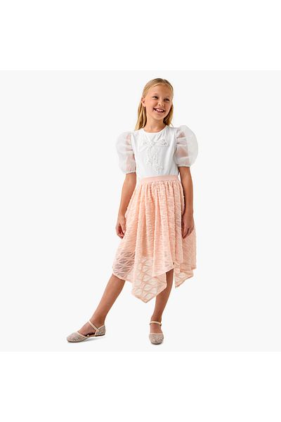Juniors Bow Embellished T-shirt with Puff Sleeves
