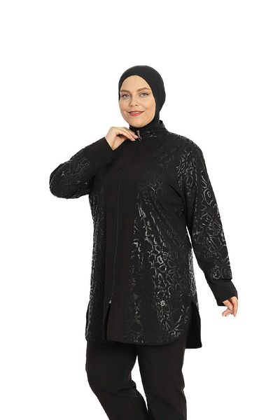 allsea Plus Size Black Leopard Patterned Hijab Swimsuit Set – Zippered C0T9N26