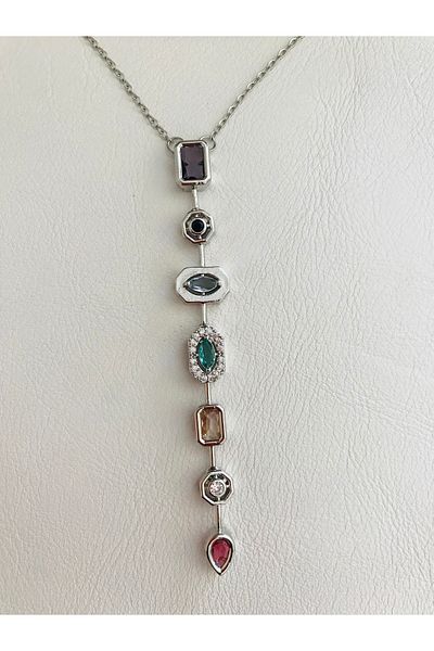 Nehir Colorful Stone 7 Element Design Y Necklace Tarnish Free Stainless Steel Silver Color