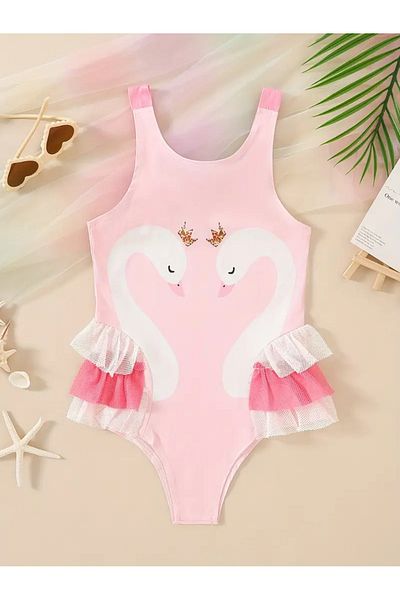 The Cloudish Shop Baby Girl Children's Swimsuit Pink with Swan Patterned Tulle Upf 50 Protection