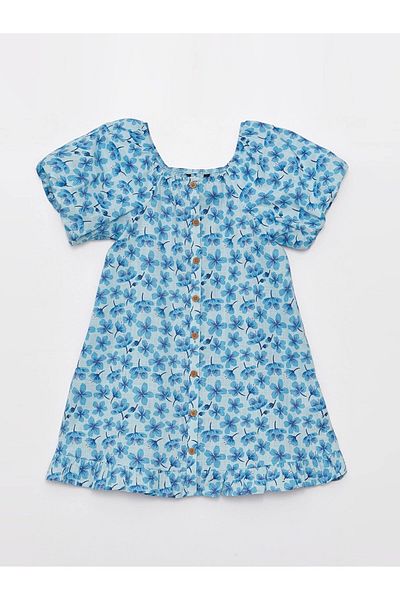 LC Waikiki Lcw Kids Blue U-Neck Pattern Short Sleeve Girl Dress