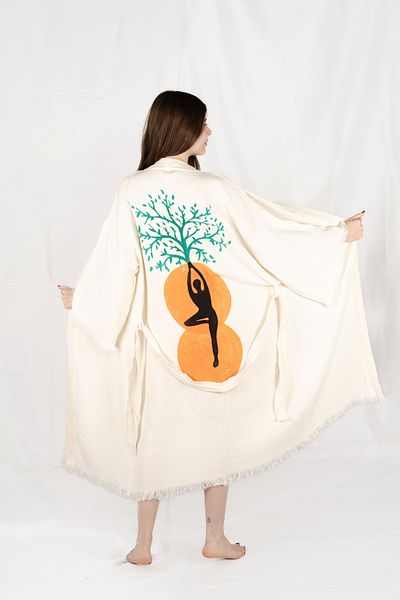 Befera Design Muslin Kimono 100% Cotton Life and Lotus Printed Patterned Bathrobe Kaftan Dressing Gown