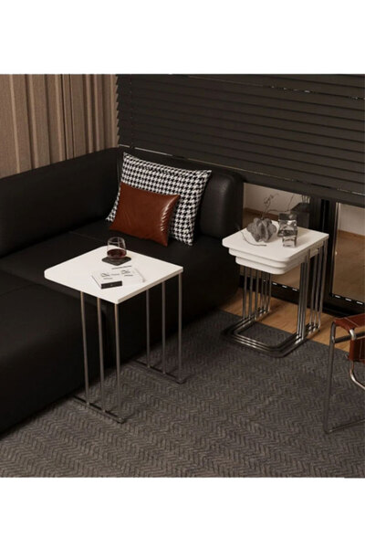 Teknor Stil Ceylin 4lü Zigon Sehpa Tekerlekli Gümüş Ayaklı Mermer Desenli