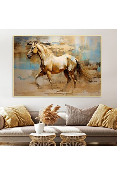 SND لوحة قماشية بتصميم خيول مع برواز ذهبي مجوف