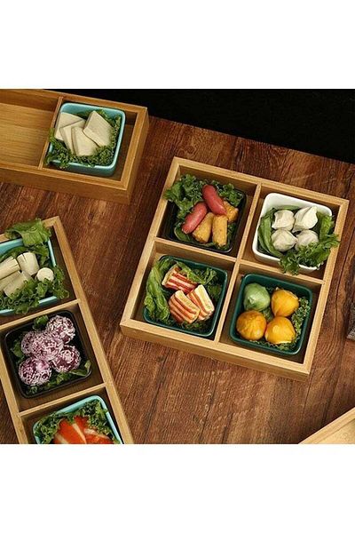 COOYA Bamboo Storage Trays,Trays with 4 Meals, Food Trays for Desserts, Fruits, Suitable for Party/Dinner