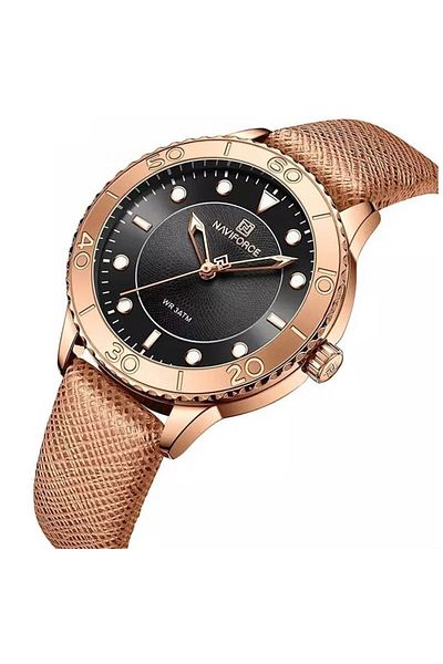 Naviforce Women's Elegant Quartz Watch – 36mm Textured Dial, Rotating Bezel, Leather Strap, Water Resistant