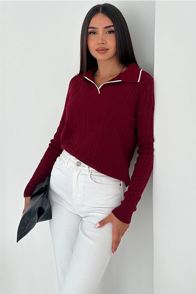 FEMELLE Women's Burgundy Polo Neck Standard Size Knitwear Blouse