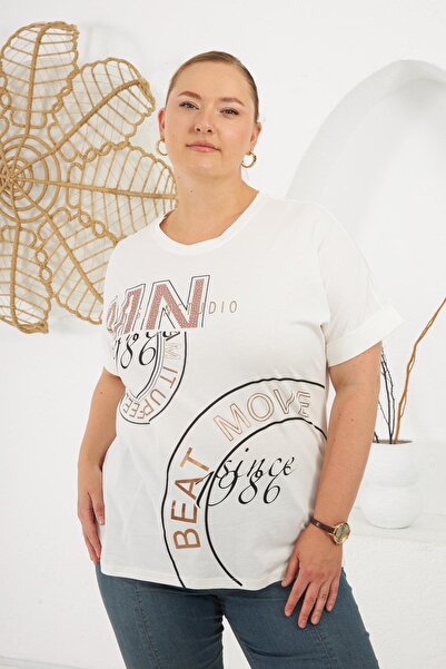 RMG Beat Move Printed Large Size T-Shirt Ecru