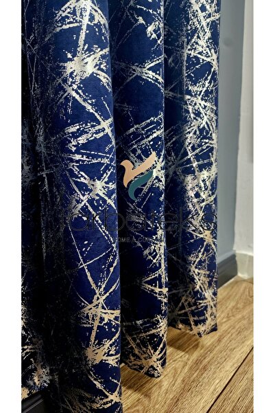 farbateks Navy Blue Silver Gray Foil Rustic Curtain Eyelet Ring Pipe Ring Decorative Curtain