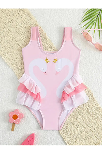 The Cloudish Shop Kız Bebek Çocuk Mayo Kuğu desenli tüllü pembe Upf 50 korumalı