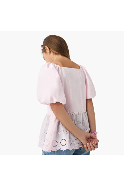 Juniors Schiffili Textured Peplum Top with Square Neck and Short Puff Sleeves