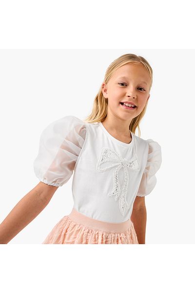 Juniors Bow Embellished T-shirt with Puff Sleeves
