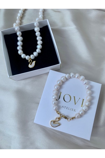 JOVİ ATELİER Sertifikalı Gerçek Doğal Beyaz Inci Kadın Kolye Bileklik Set Kuğ...