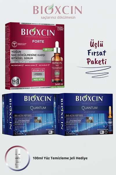 Bioxcin Forte Serum 3X50Ml 1Pc + Quantum Serum 15X6Ml 2Pcs Advantage Package + 100ml Gel Gift