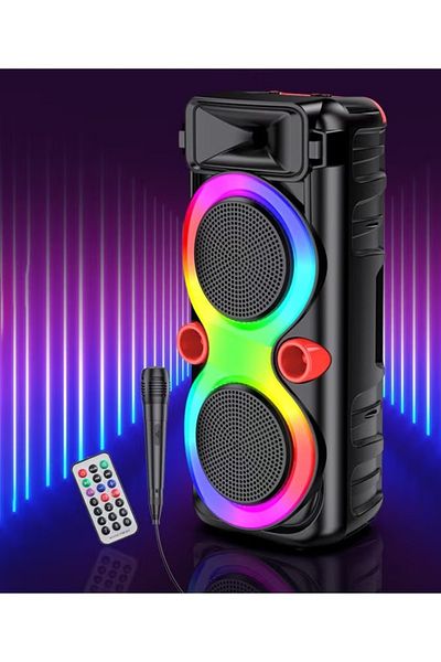 DLC BT HI FI Portable Speaker with Led Rotating Light 2X8" INCH - MICE + REMOTE CONTROL FM Radio