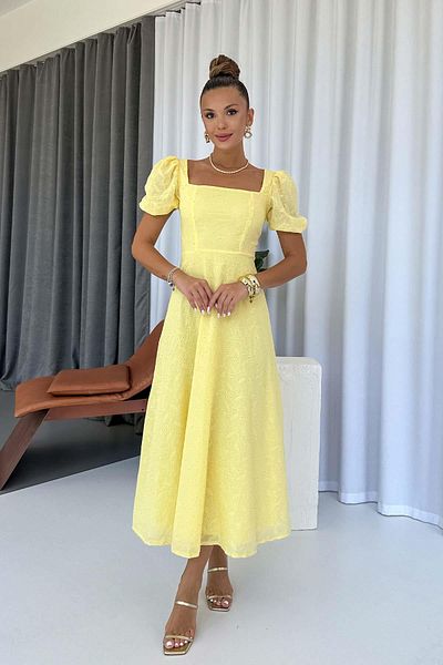 Mine Tan Butik Rochie cu mâneci balon și guler pătrat cu detaliu broderie - galbenă