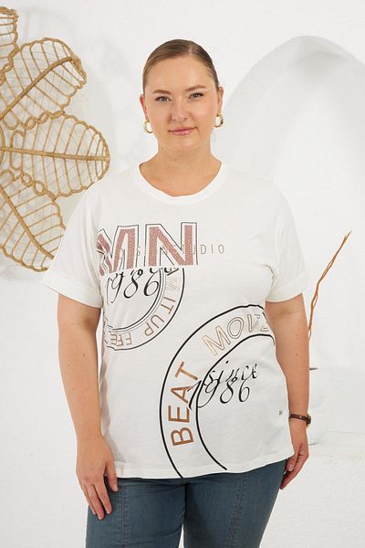 RMG Beat Move Printed Large Size T-Shirt Ecru