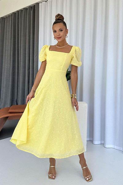 Mine Tan Butik Rochie cu mâneci balon și guler pătrat cu detaliu broderie - galbenă