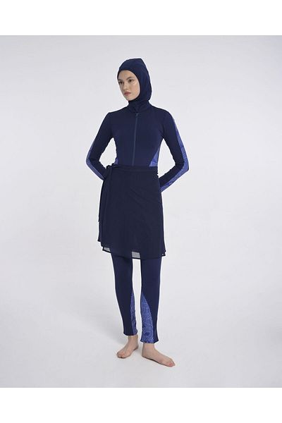 Monolou 4 Piece Full Hijab Swimsuit Set with Slimming Print Detail at the Waist Polyamide Fabric - Navy Blue