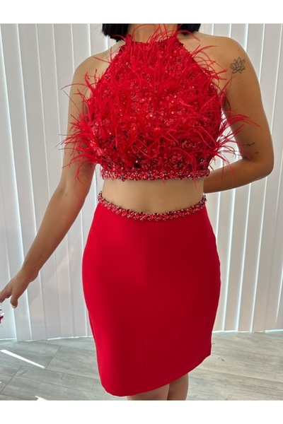 Always Dress İki Parça Tüy Ve Taş Detaylı Elbise