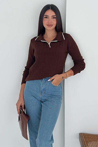 FEMELLE Γυναικεία Πλεκτή Μπλούζα με Γιακά Πόλο Καφέ Τυπικού Μεγέθους