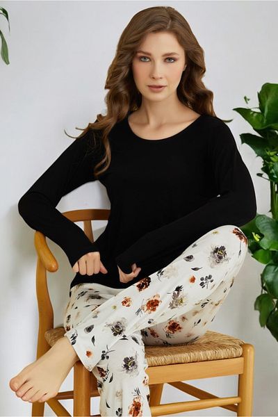ÇağrıHome Women's 100% Cotton Luxury Viscose Fabric Black Six Flower Pattern Long Sleeve Slim Winter Pajamas Set