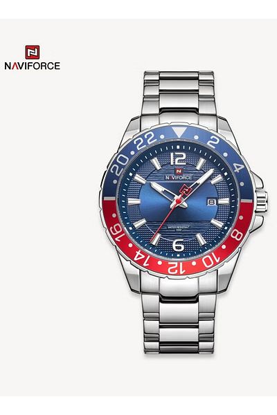 Naviforce Mens Sport Watch Stainless Steel Band Analog Quartz Movement Rotating Bezel Water Resistant