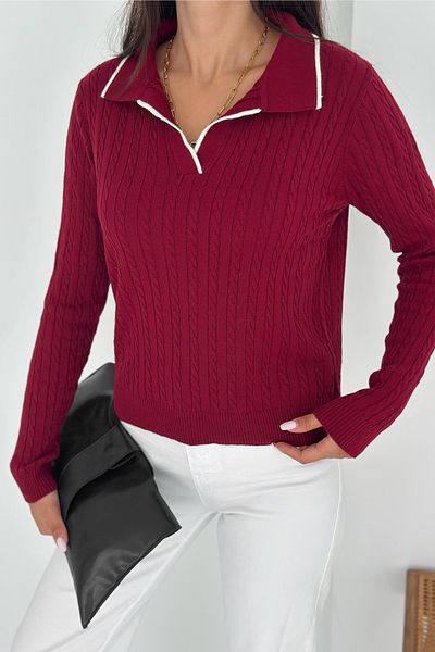FEMELLE Women's Burgundy Polo Neck Standard Size Knitwear Blouse