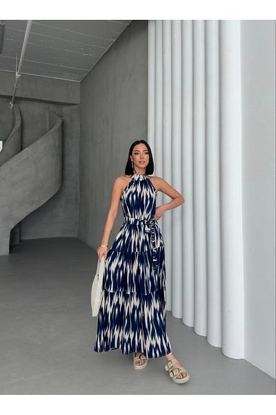 Cistern İstanbul Women's Halter Neck Patterned Belted Maxi Dress