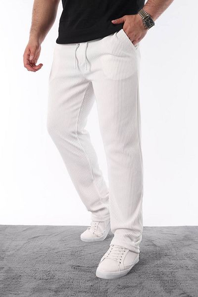 STOCX Men's White Pleated Comfortable Fit Casual Trousers