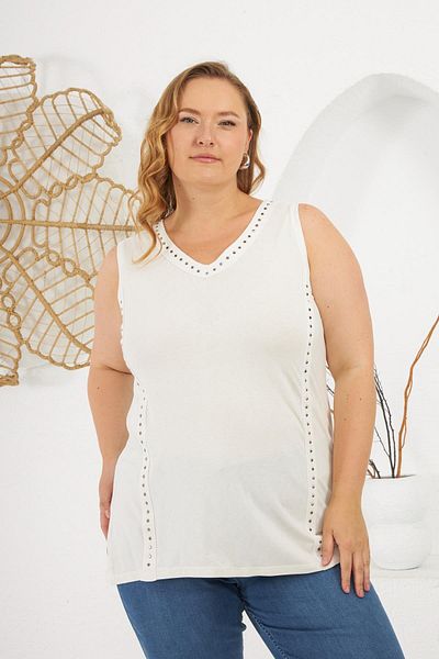 RMG Stone Detailed Plus Size Zero Sleeve Blouse White