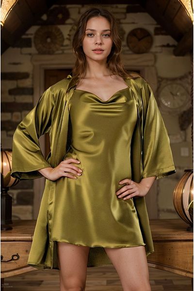 Loule Women's Clothing Khaki Satin Mini Nightdress & Dressing Gown with String Strap 2-Piece Set Ll.F01.Aa.L031