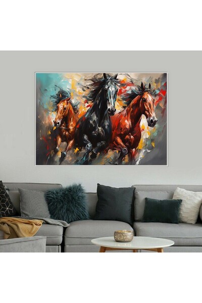 Marktna لوحة قماشية بتصميم احصنة مع برواز فضي مجوف