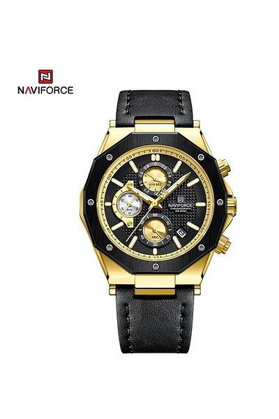 Naviforce Men's Chronograph Sports Watch – 42mm Black Dial, Rose Gold Bezel, Leather Strap, Water Resistant