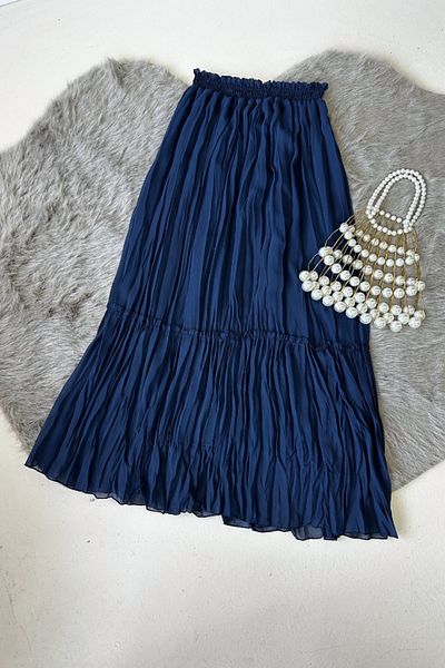 Poliyance Vala Indigo Long Lined Pleated Chiffon Skirt