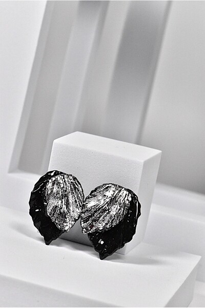 NARRU Cercei NARRU, lucrati manual, frunza, negru si argintiu, Alessia 01