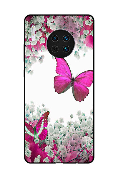 Covernex غطاء حماية لهاتف هواوي ميت 30 - تصميم فراشة وردية داكنة وزهور بيضاء
