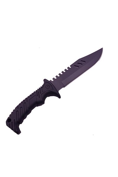 dalimag Cuțit de vânătoare pentru camping, lamă zimțată din oțel, cârlig, teacă, mâner antiderapant, 32 cm, negru, Dalima